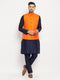 Vastramay Men's Orange Matka Silk Nehru Jacket With Navy Blue Silk Blend Kurta and Pant style Pyjama Set